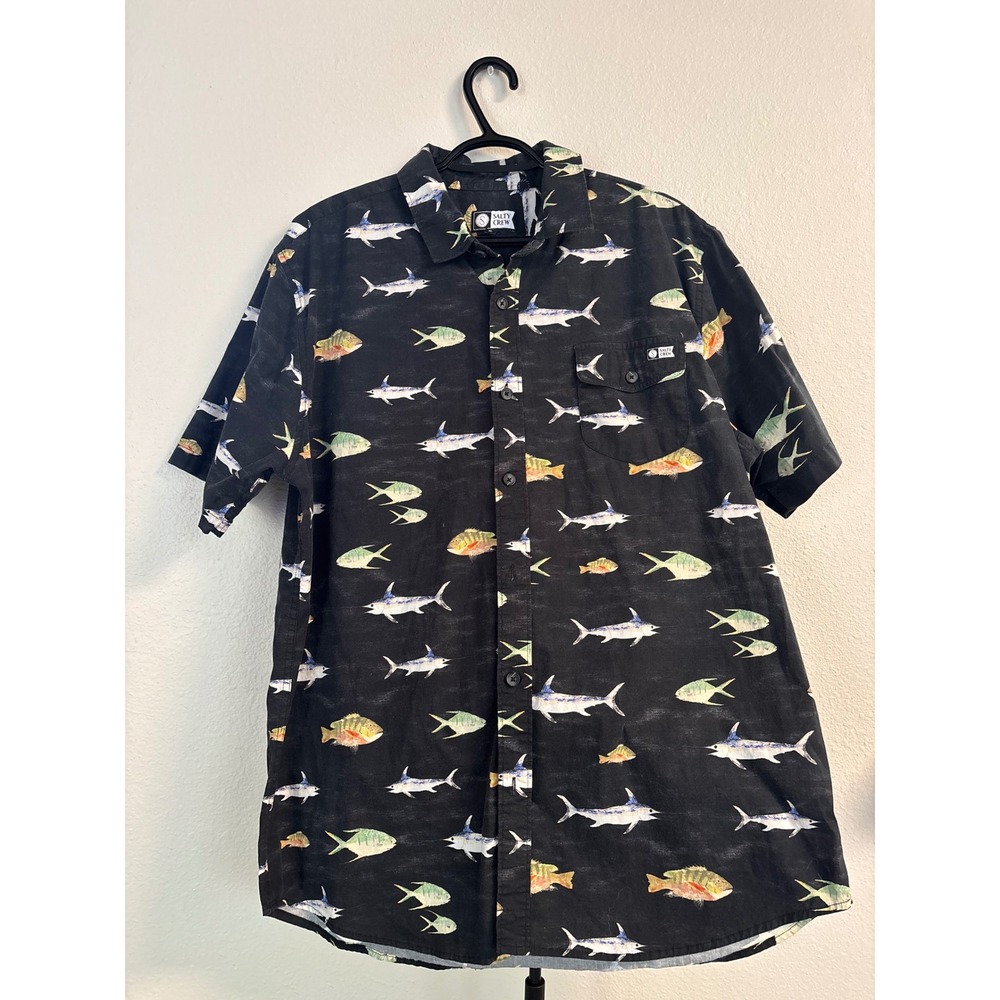 Salty Crew Mens XL Black Fish Print Short Sleeve Button Up Shirt Marlin Fishing